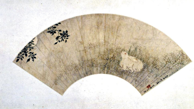 (清)李世倬《桂花月兔图》扇页