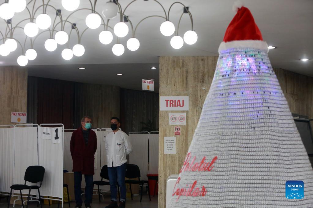 Christmas tree made of used COVID19 vaccine vials seen in Bucharest
