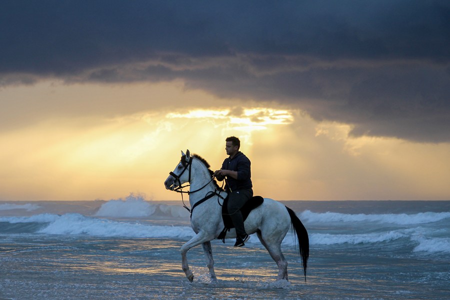 Mideast in Pictures Palestinian people ride horses by seaside Xinhua
