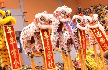 Folk artists perform lion dance to greet upcoming Chinese New Year in Malaysia