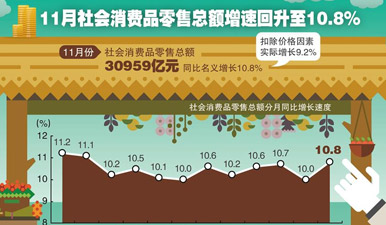 图表：11月社会消费品零售总额增速回升至10.8%