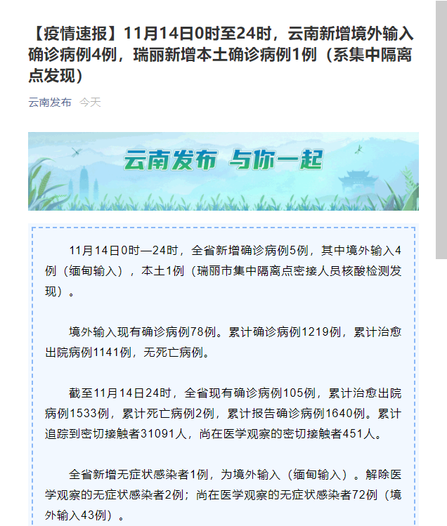 动态|云南省昨日新增本土确诊病例1例，为瑞丽市报告