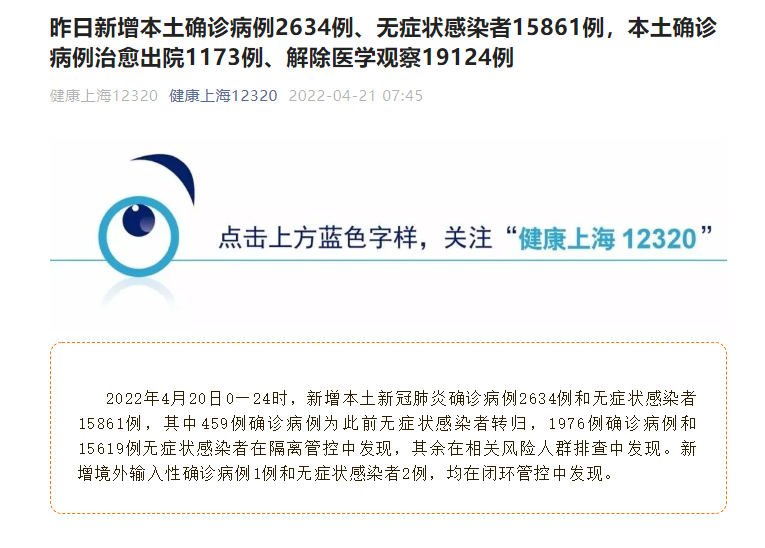 上海疫情最新消息|4月20日新增本土确诊病例2634例、无症状感染者15861例 本土确诊病例治愈出院1173例