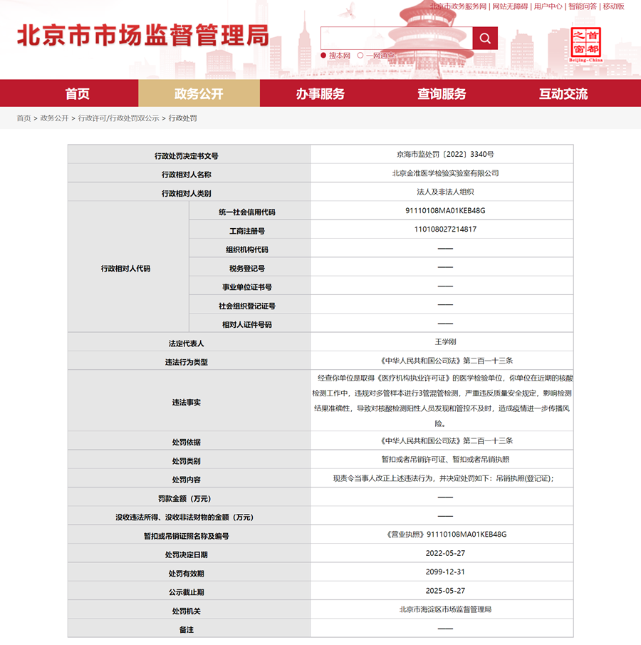 北京金准医学检验实验室有限公司被吊销营业执照