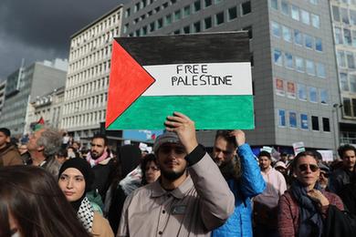 巴勒斯坦支持者在欧盟总部附近举行集会