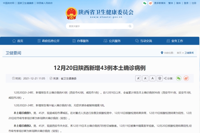 陕西最新疫情消息：20日新增本土确诊病例43例 其中西安42例咸阳1例