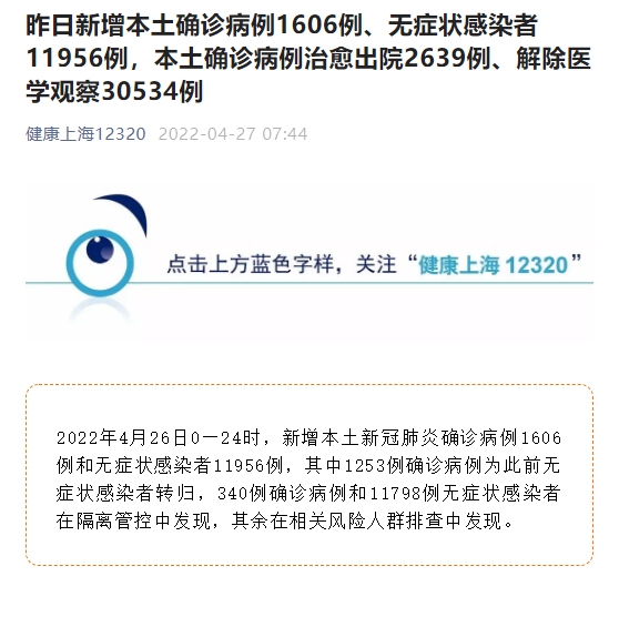 上海疫情最新消息|上海4月26日新增本土确诊病例1606例、新增本土无症状感染者11956例