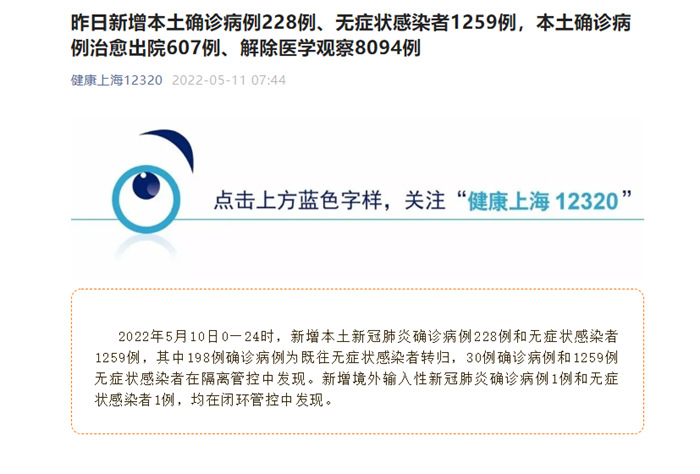 上海疫情最新消息|5月10日新增本土新冠肺炎确诊病例228例和无症状感染者1259例