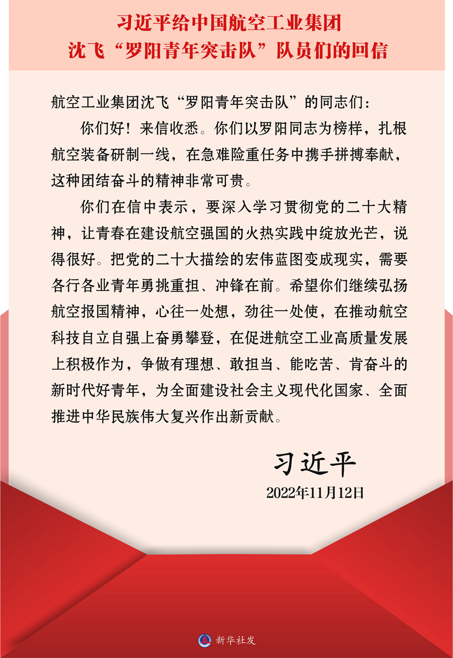 习近平回信勉励中国航空工业集团沈飞“罗阳青年突击队”队员