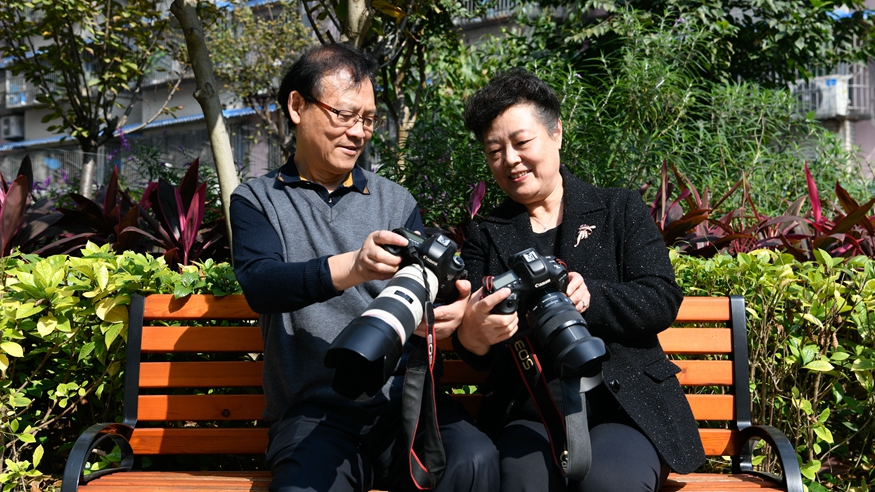 和老伴一起去上学