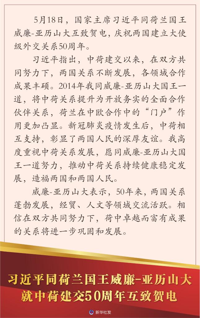 习近平同荷兰国王威廉-亚历山大就中荷建交50周年互致贺电